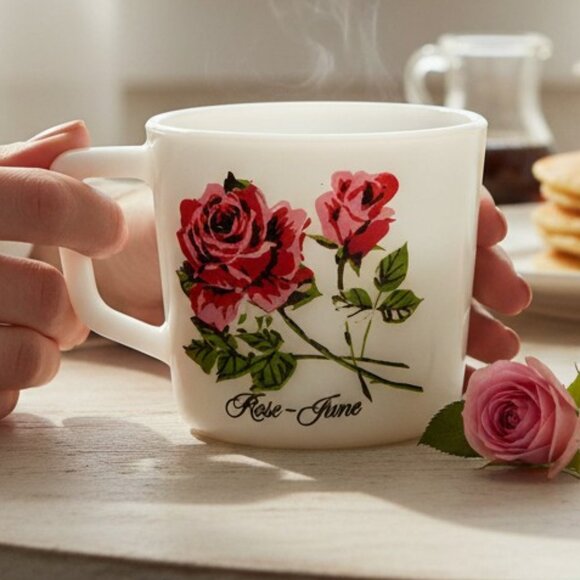 Vintage Milk Glass Rose-June Birth Flower Mug | Silent Adoration & Undying Love - Picture 1 of 9